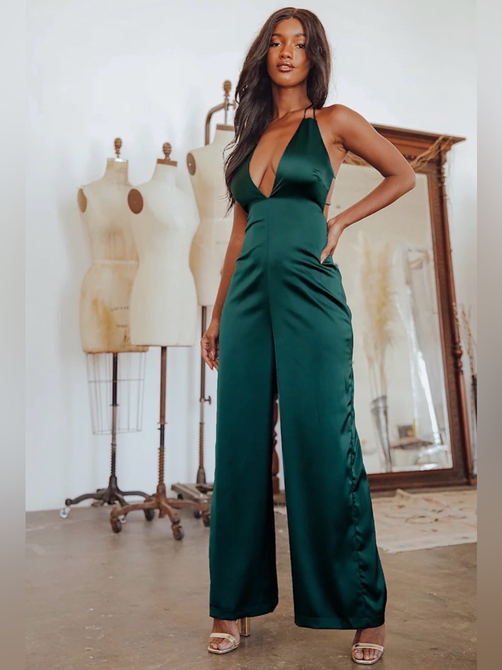 Lulus Hold that Pose Emerald Green Satin Jumpsuit